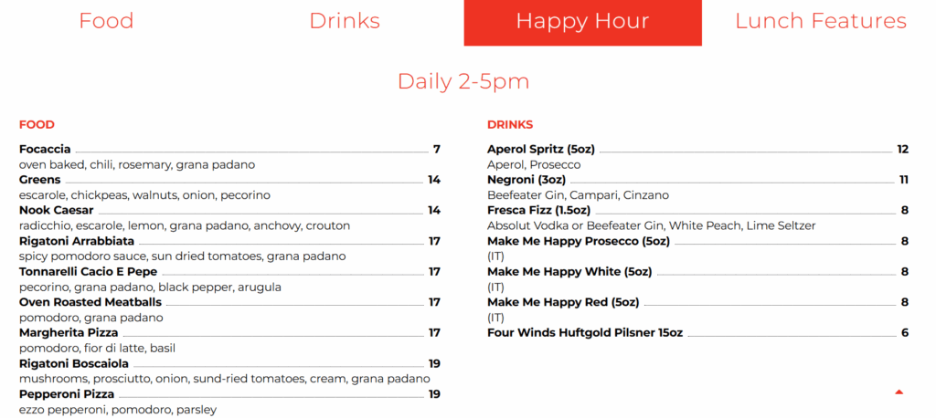 키칠라노 Nook Happy Hour Menu