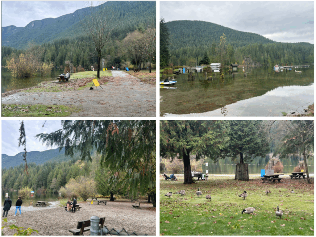 수위가 높아진 Buntzen Lake에서 즐기고 있는 사람들