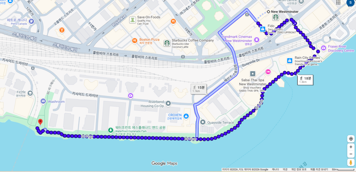 뉴 웨스트민스터r에서 프레이저 강를 따라 걷는 멋진 풍경의 트레일